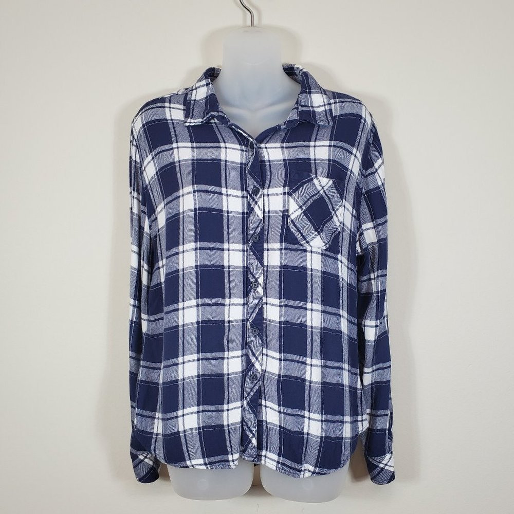 Beachlunchlounge Blue Plaid Rayon Flannel Shirt L